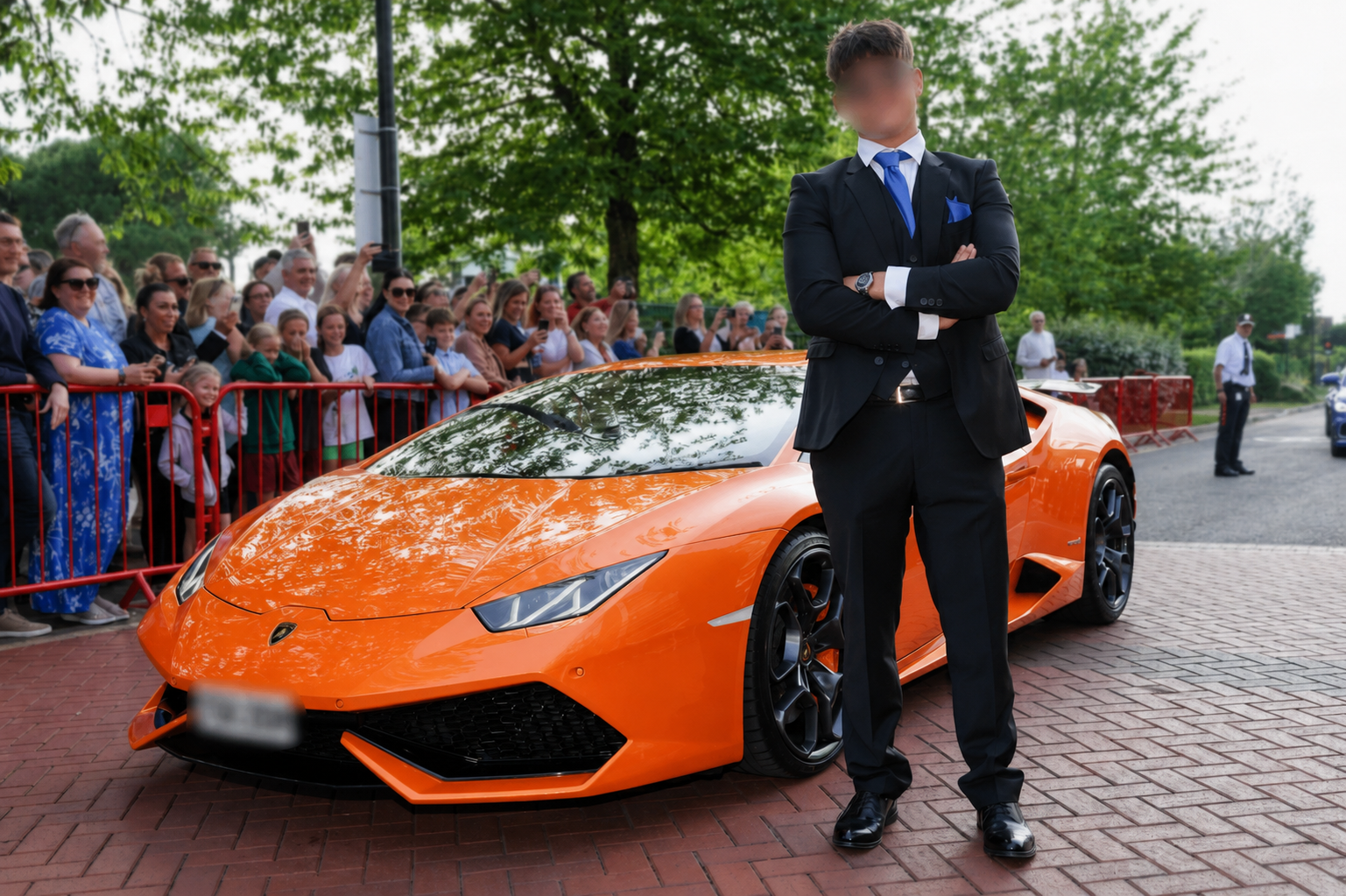 Person in suit at prom with Lamborghini Huracan hire Dorset